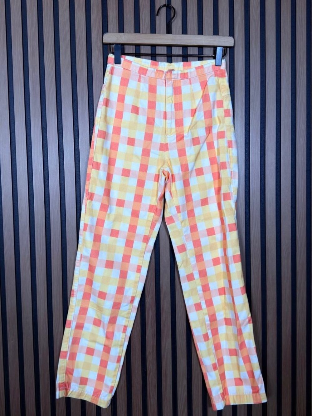 Free People Pants 0 Womens Multicolor Orange White Check Plaid High Waisted